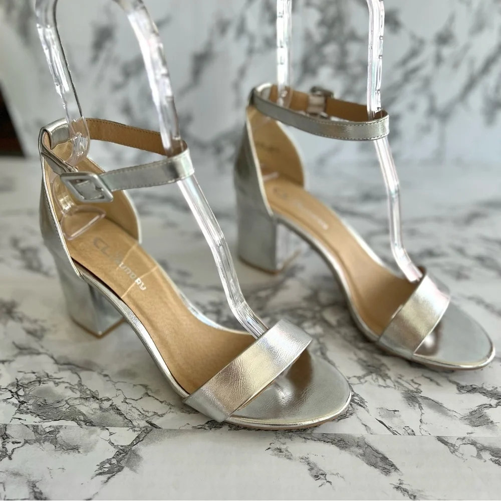 CL by Chinese Laundry Jody Silver Metallic Ankle Strap Block Heel Sandals 10